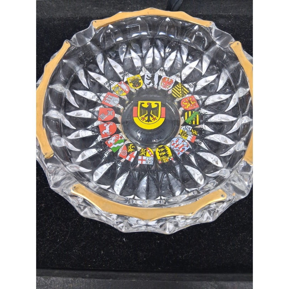 Vintage German Glass Ashtray w/ Coats of Arms of States, New Condition. D
